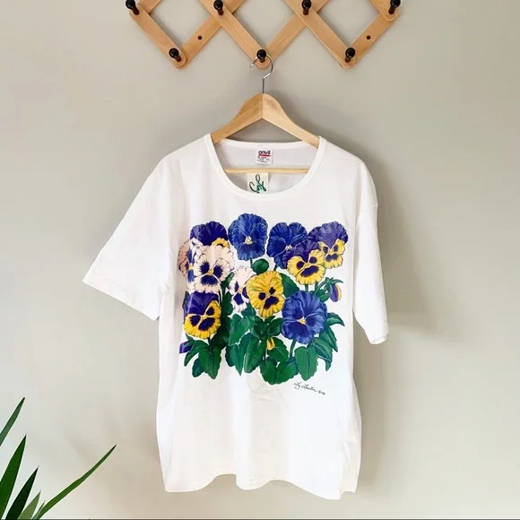 Vintage | Tops | Vintage 9s Liz Lauter Pansy Garden Art Tee Xl 